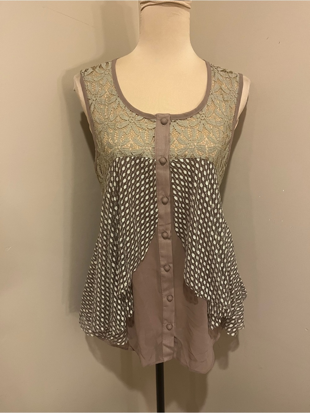 NWT Anthro A'Reve Fairy Brown lace, sheer & Patterned Layered Sleeveless Top, L